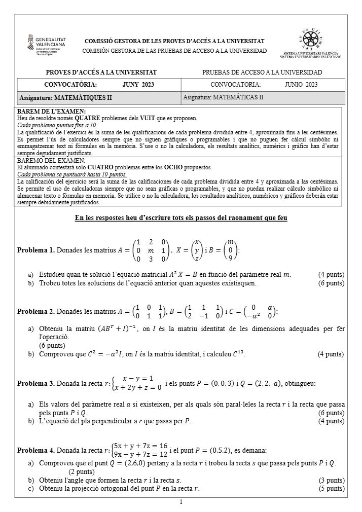 Página 1 del examen de Matemáticas II 2023