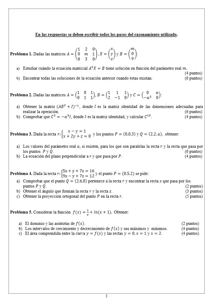Página 3 del examen de Matemáticas II 2023