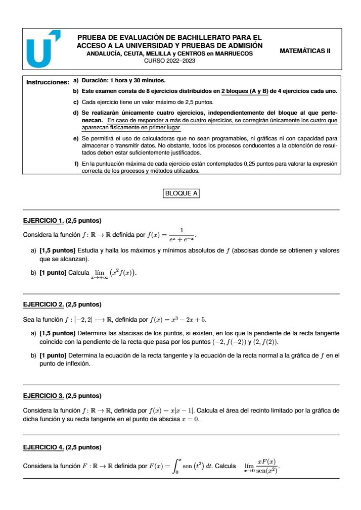 Página 1 del examen de Matemáticas II 2023