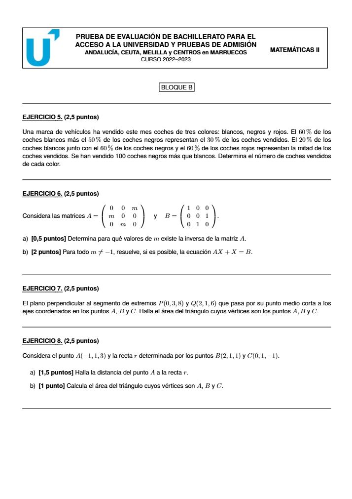 Página 2 del examen de Matemáticas II 2023