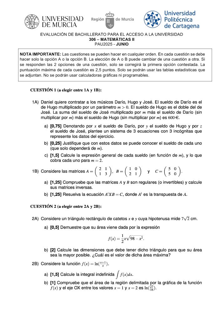 Página 1 del examen de Matemáticas II 2025