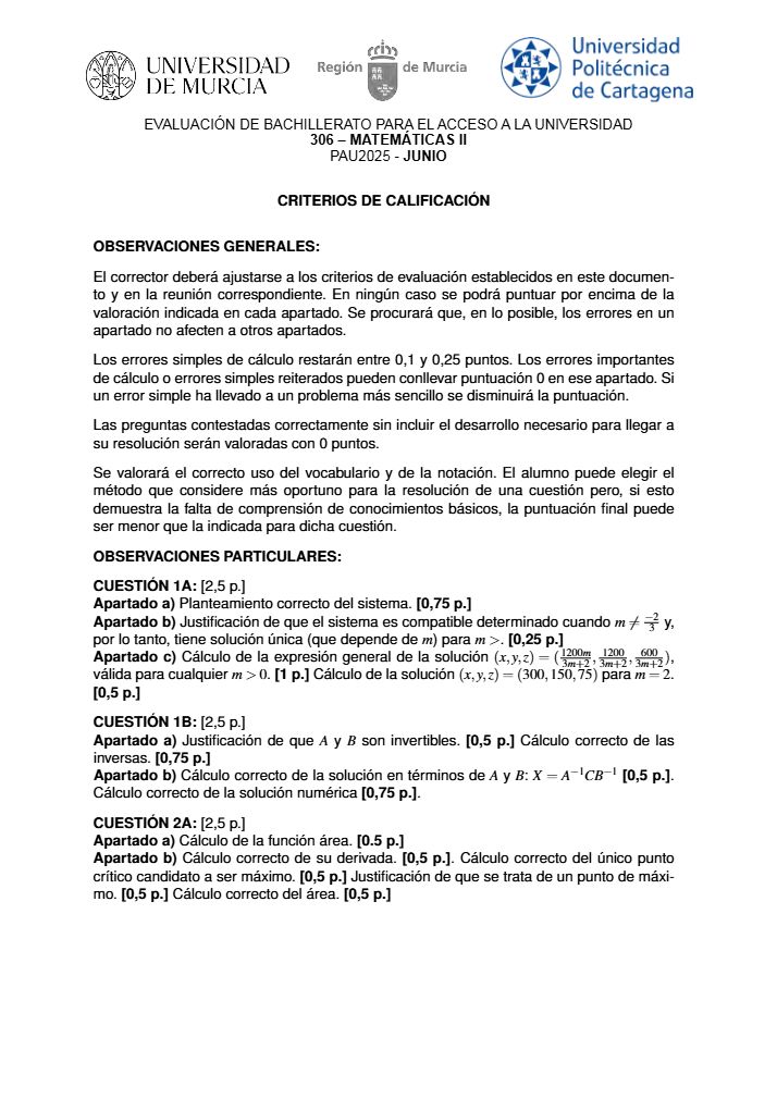 Página 3 del examen de Matemáticas II 2025