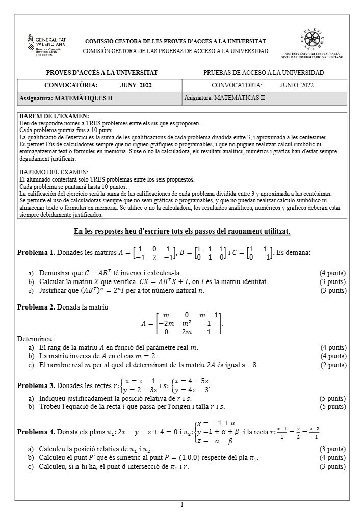 Página 1 del examen de Matemáticas II 2022