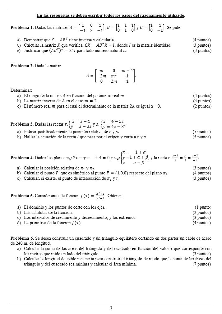 Página 3 del examen de Matemáticas II 2022