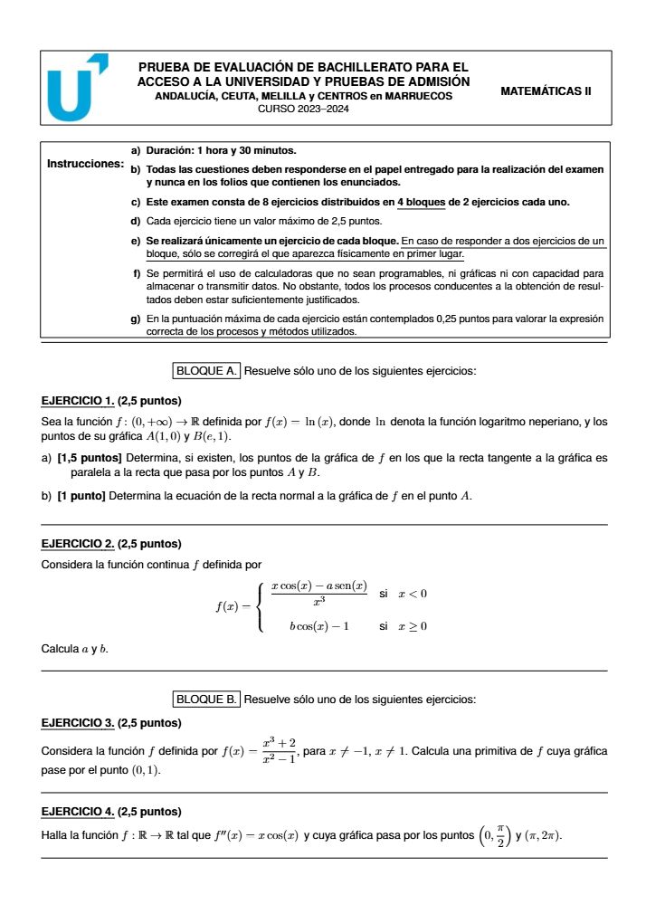 Página 1 del examen de Matemáticas II 2024