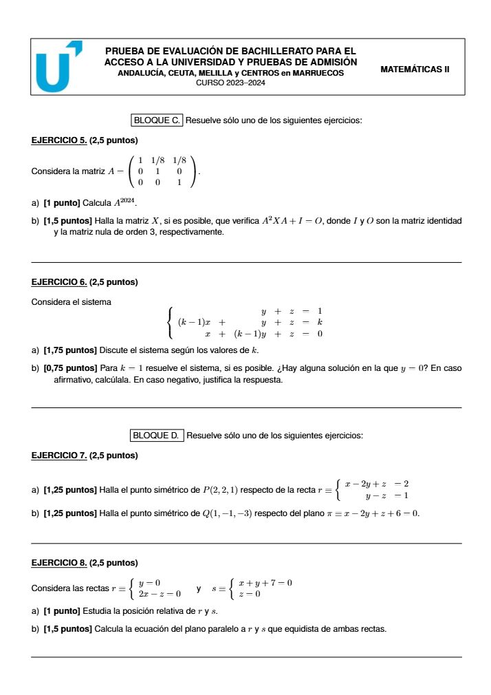 Página 2 del examen de Matemáticas II 2024