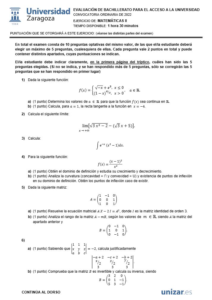 Página 1 del examen de Matemáticas II 2022