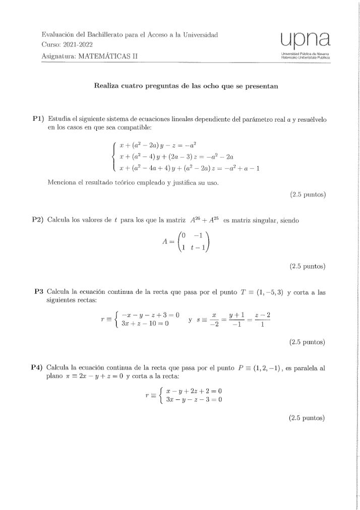 Página 1 del examen de Matemáticas II 2022