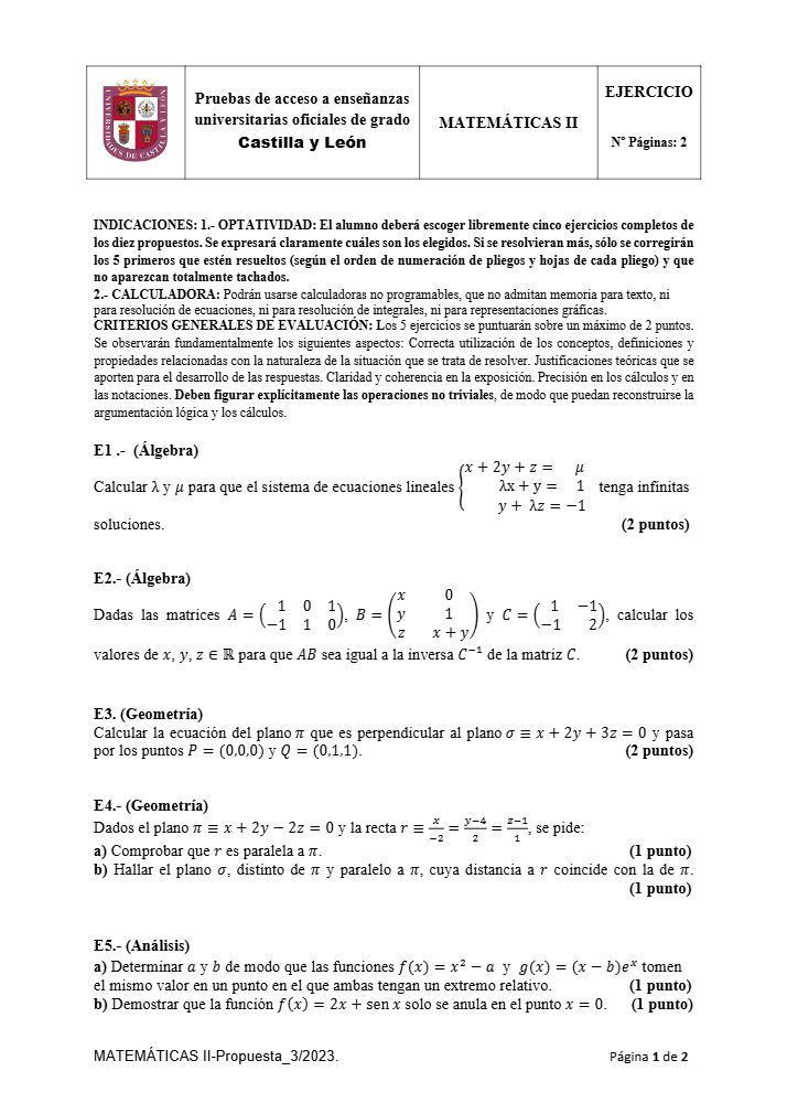 Página 1 del examen de Matemáticas II 2023