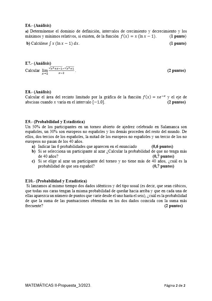 Página 2 del examen de Matemáticas II 2023