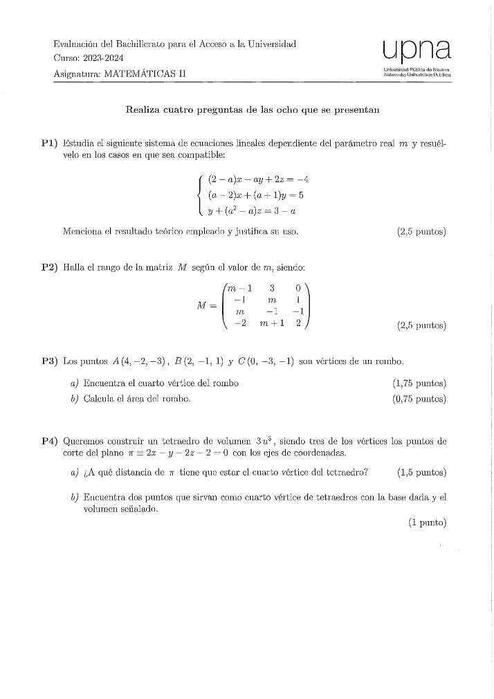 Página 1 del examen de Matemáticas II 2024
