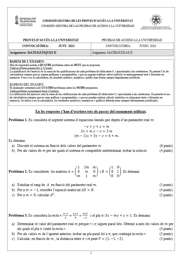Página 1 del examen de Matemáticas II 2024