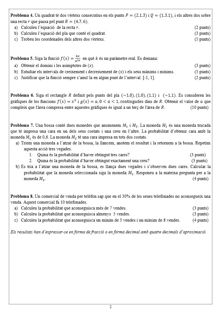 Página 2 del examen de Matemáticas II 2024