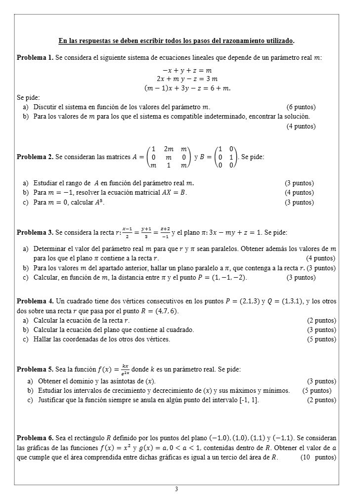 Página 3 del examen de Matemáticas II 2024