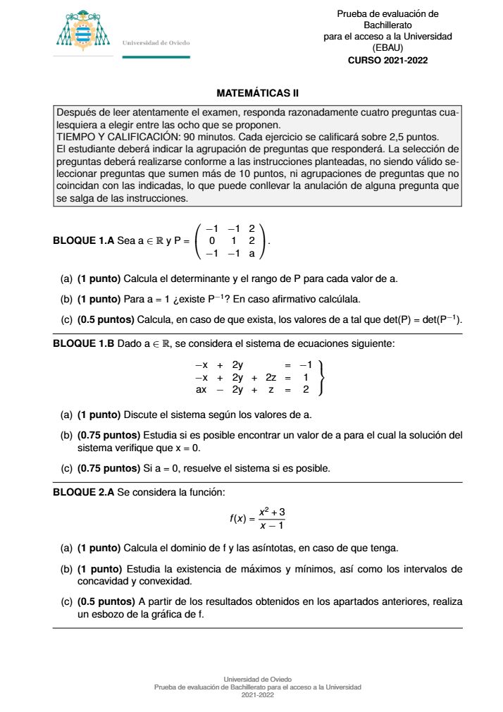 Página 1 del examen de Matemáticas II 2022