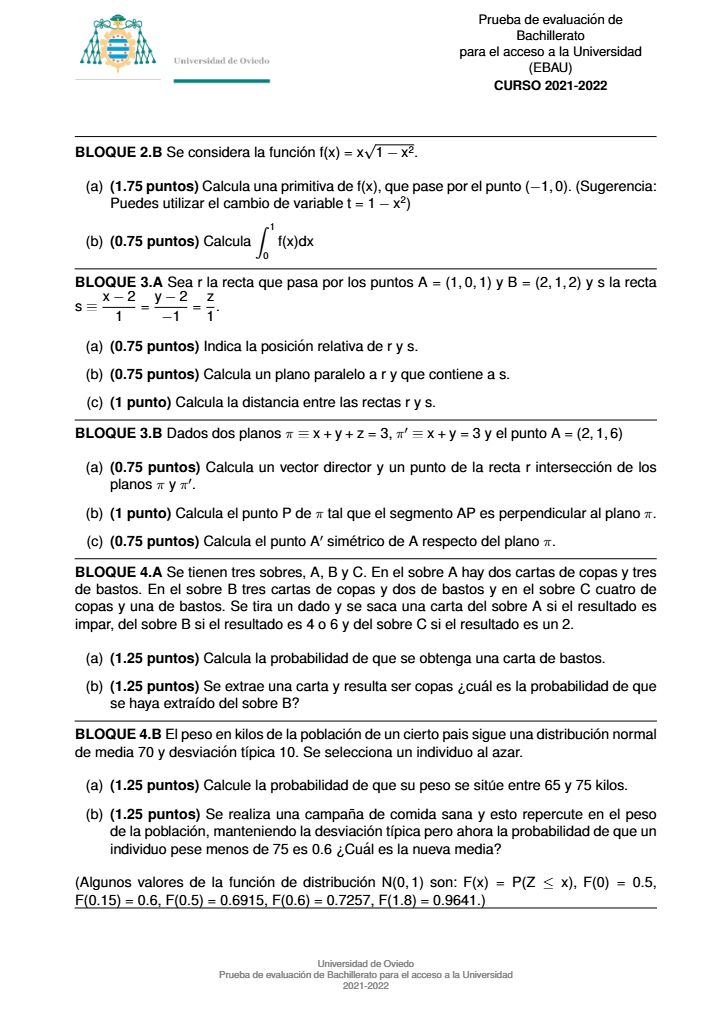 Página 2 del examen de Matemáticas II 2022