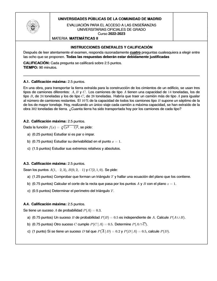Página 1 del examen de Matemáticas II 2023