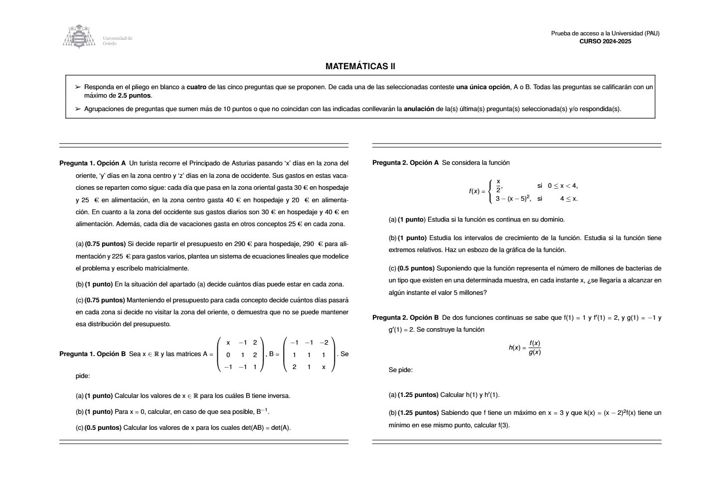 Página 1 del examen de Matemáticas II 2025