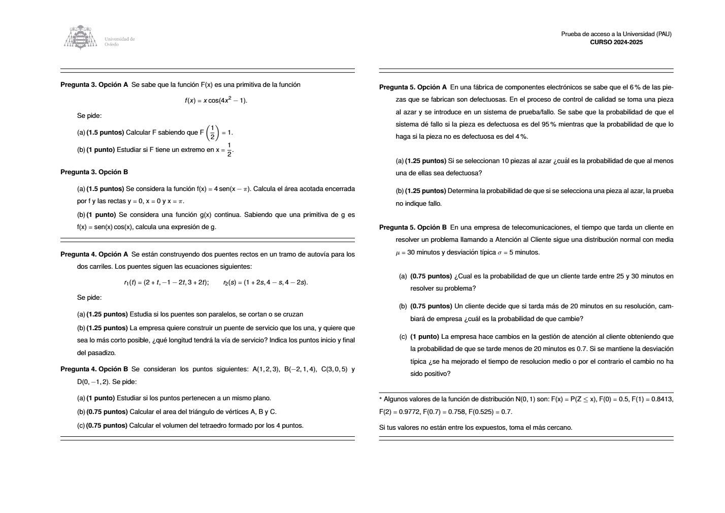 Página 2 del examen de Matemáticas II 2025