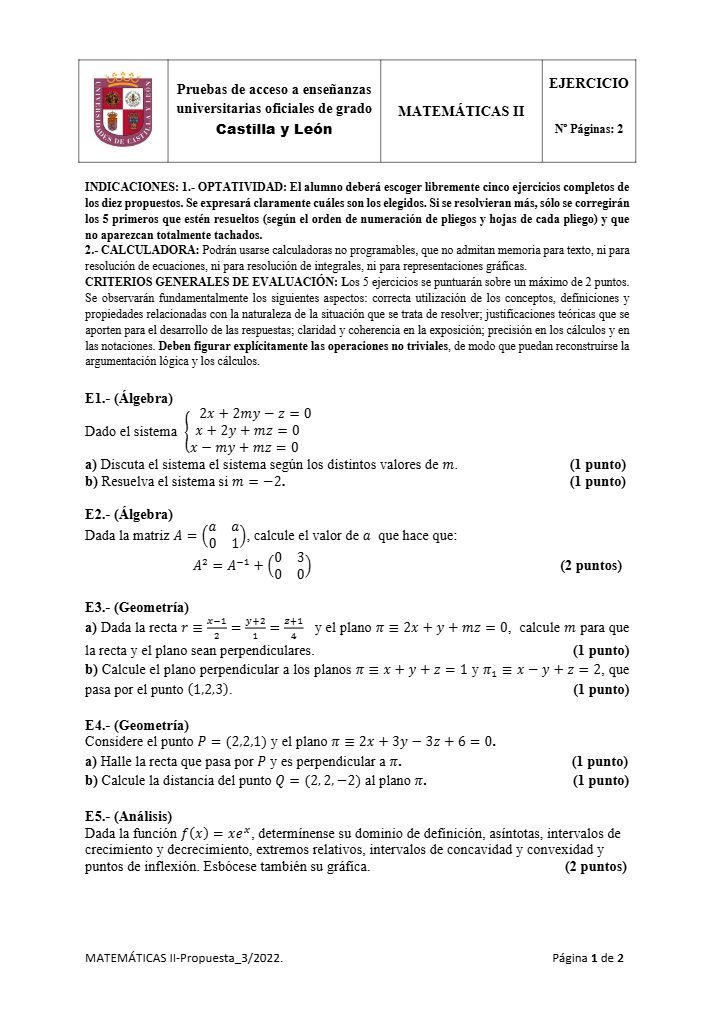Página 1 del examen de Matemáticas II 2022