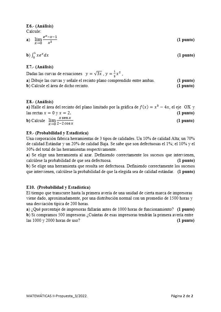 Página 2 del examen de Matemáticas II 2022