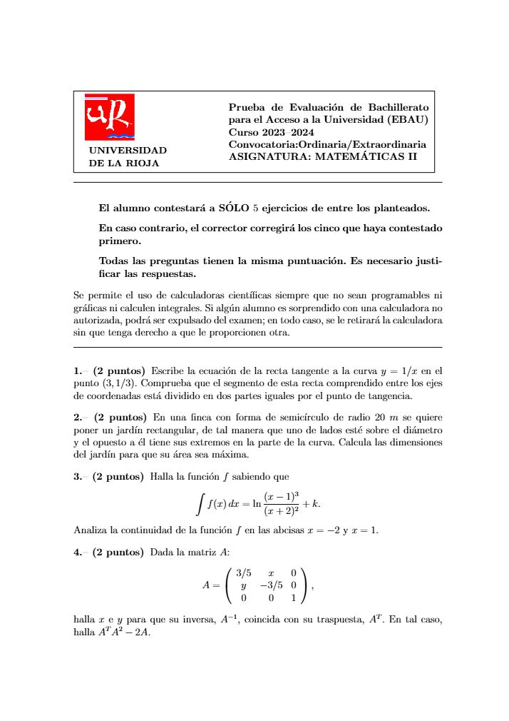 Página 1 del examen de Matemáticas II 2024