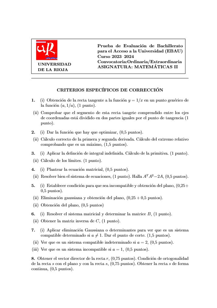 Página 4 del examen de Matemáticas II 2024