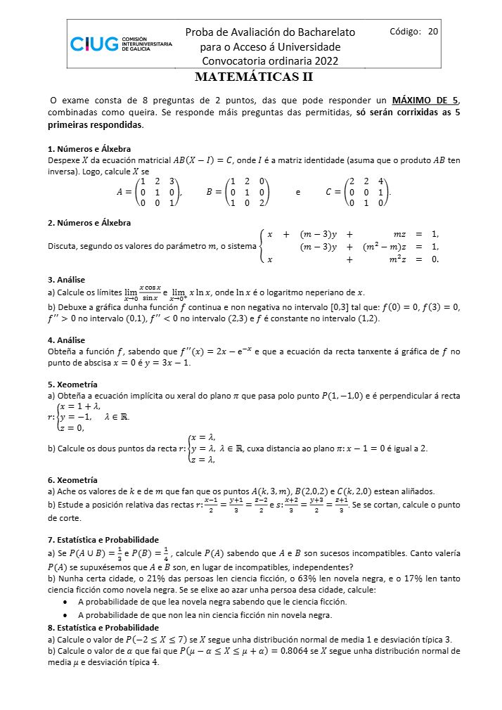 Página 1 del examen de Matemáticas II 2022