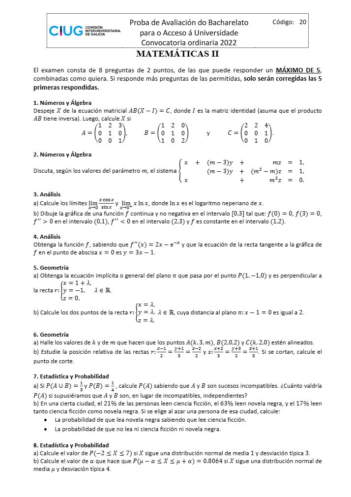 Página 2 del examen de Matemáticas II 2022