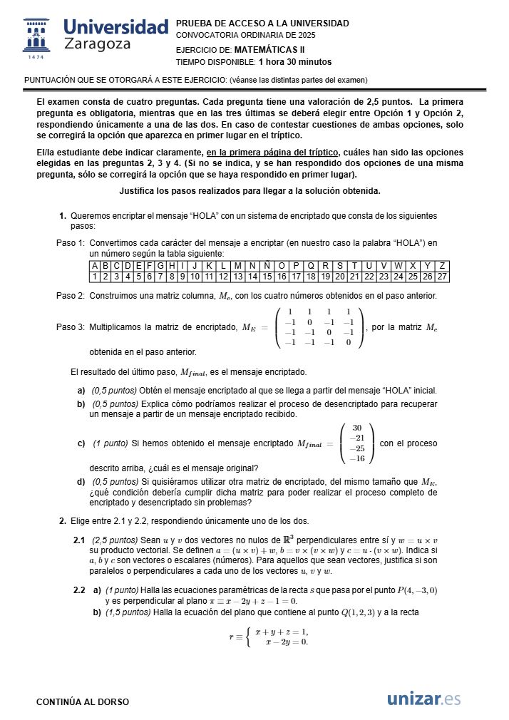 Página 1 del examen de Matemáticas II 2025