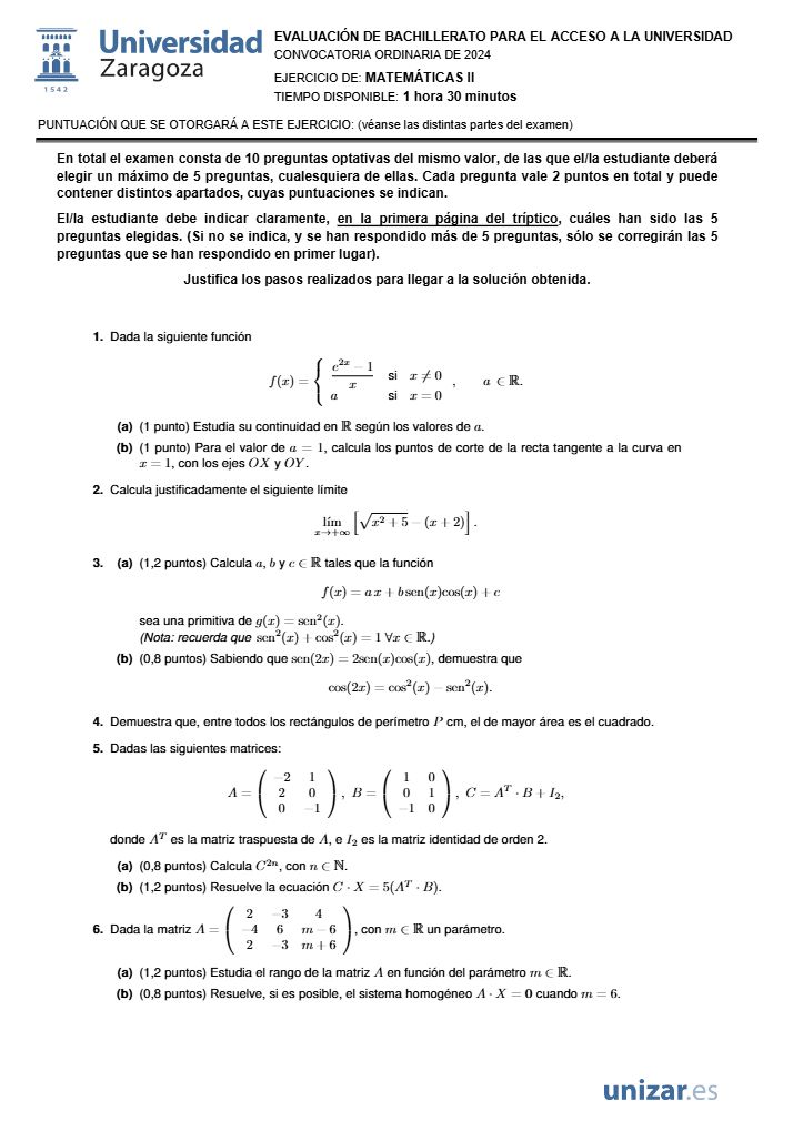 Página 1 del examen de Matemáticas II 2024