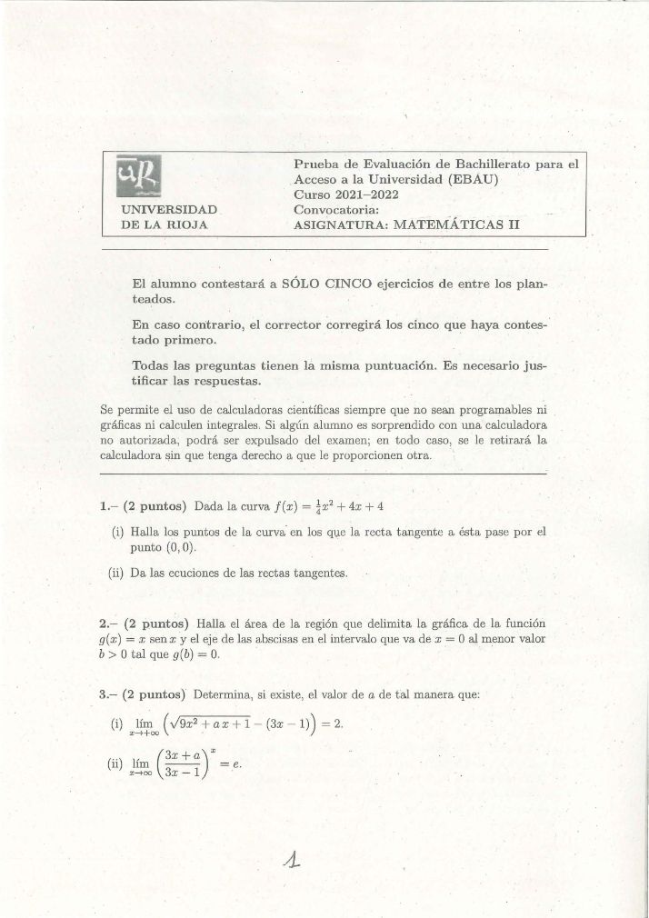 Página 1 del examen de Matemáticas II 2022