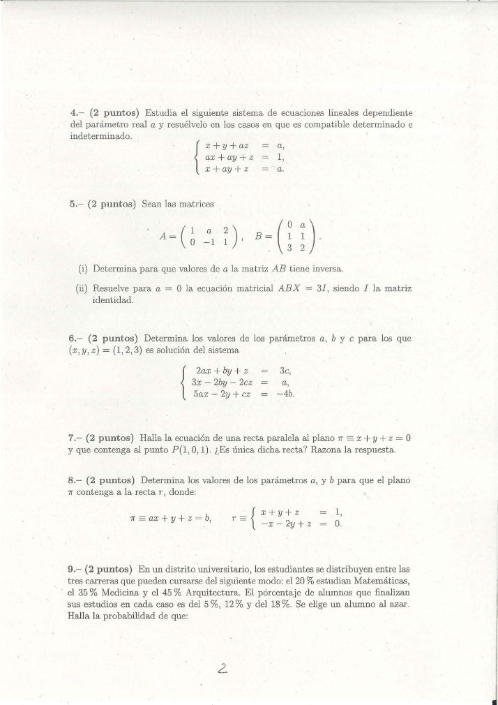 Página 2 del examen de Matemáticas II 2022
