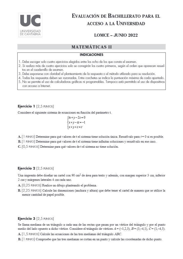 Página 1 del examen de Matemáticas II 2022