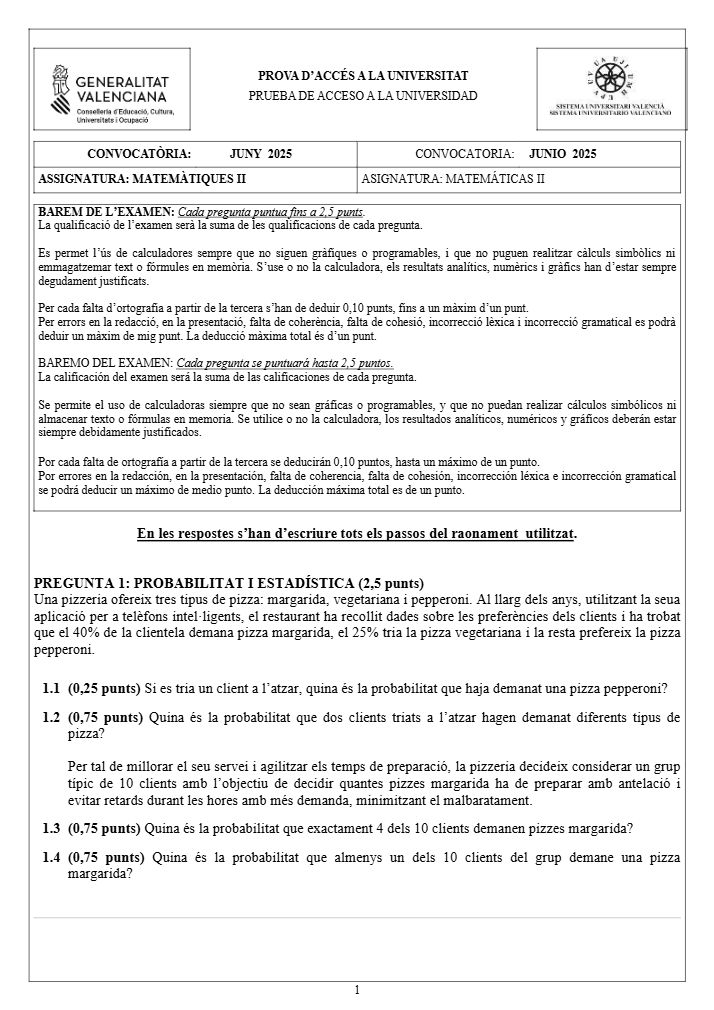 Página 1 del examen de Matemáticas II 2025