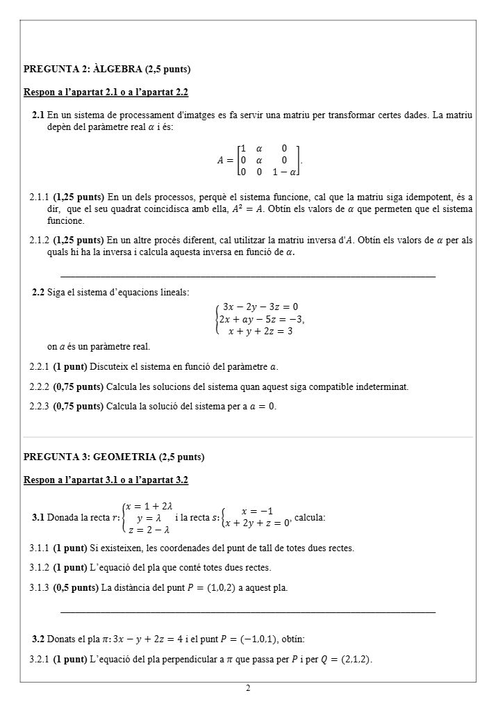 Página 2 del examen de Matemáticas II 2025