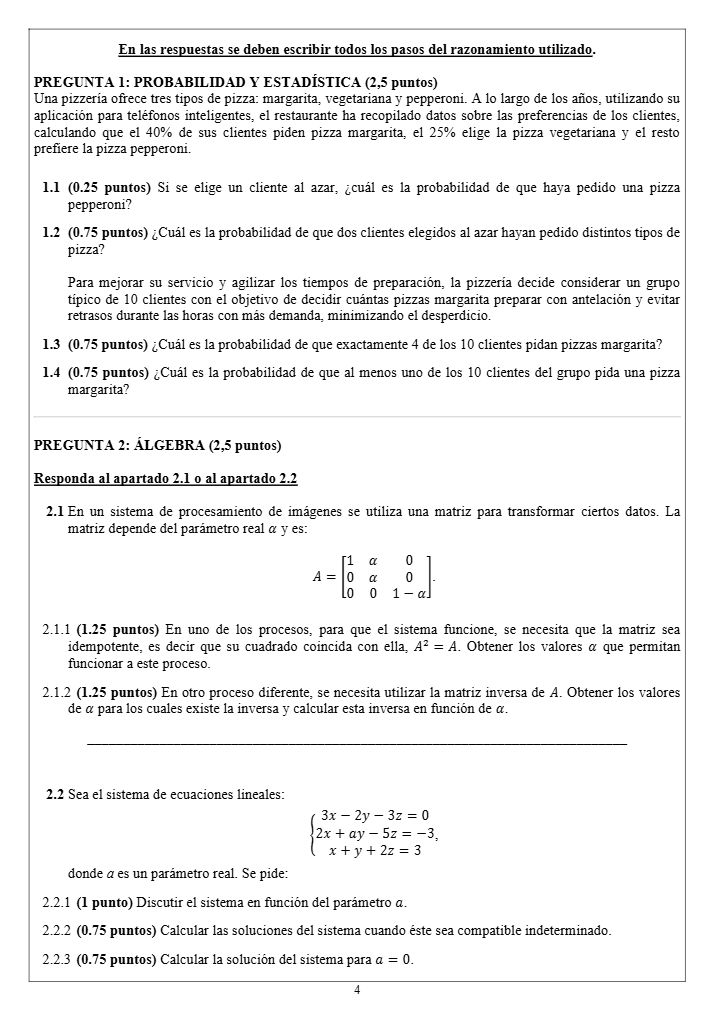 Página 4 del examen de Matemáticas II 2025