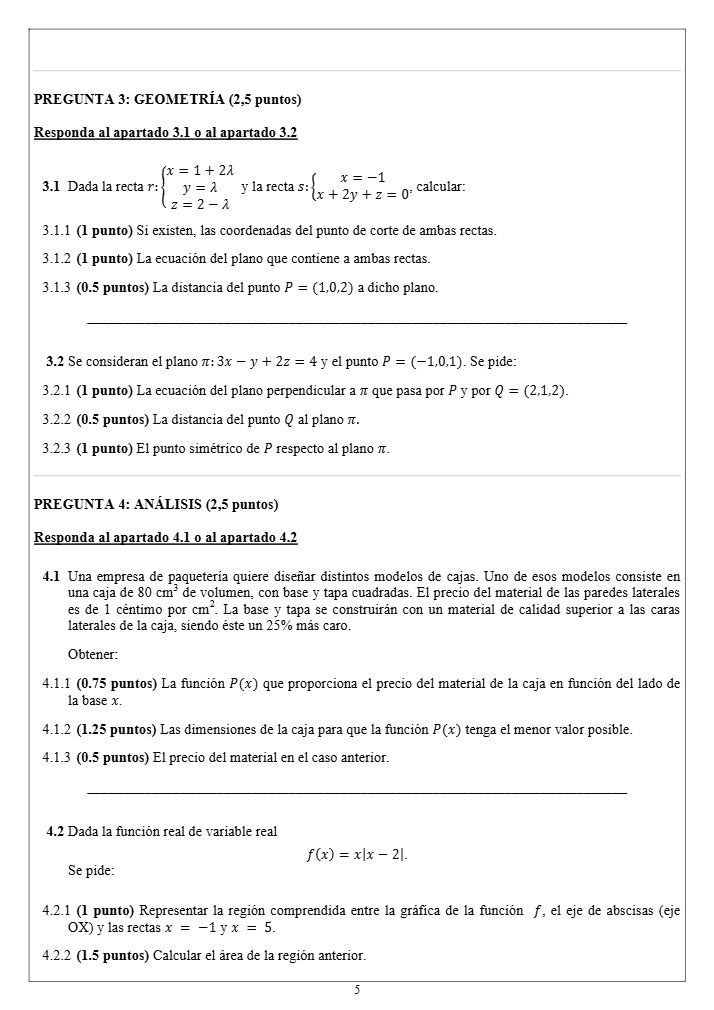 Página 5 del examen de Matemáticas II 2025