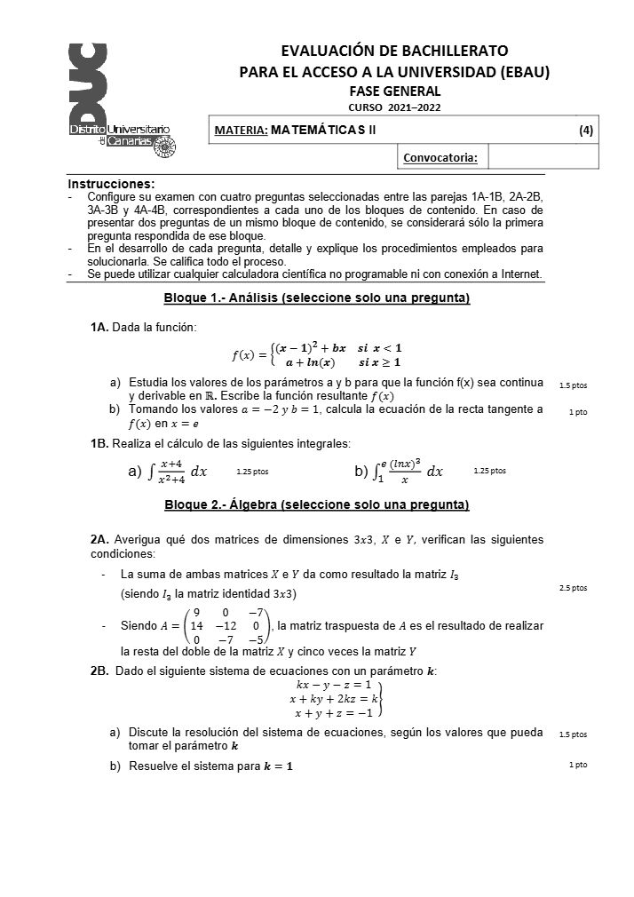 Página 1 del examen de Matemáticas II 2022