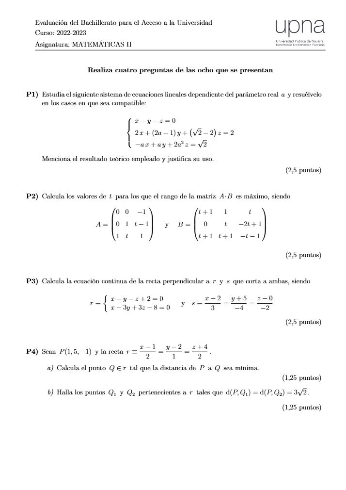 Página 1 del examen de Matemáticas II 2023