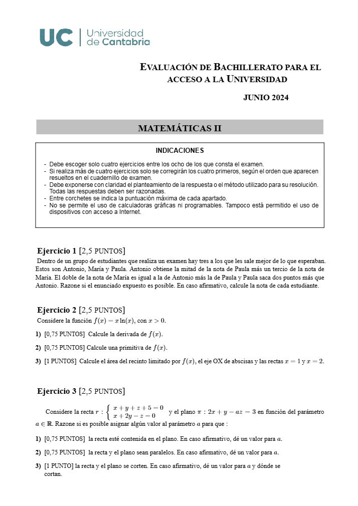 Página 1 del examen de Matemáticas II 2024
