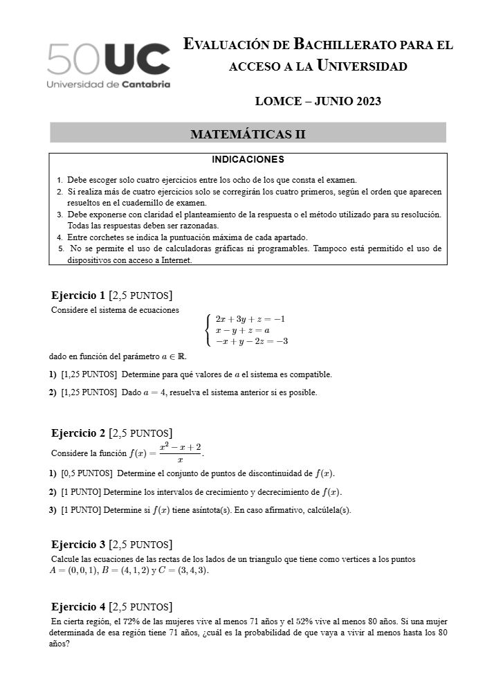 Página 1 del examen de Matemáticas II 2023