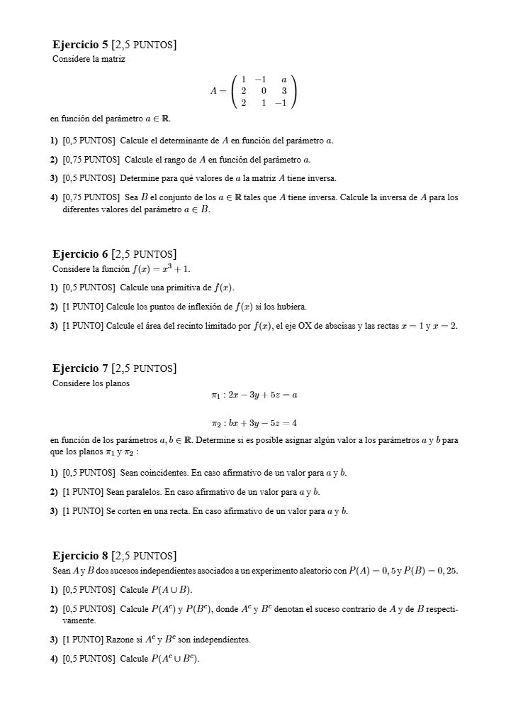 Página 2 del examen de Matemáticas II 2023