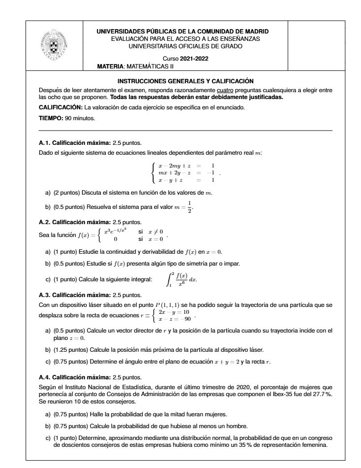 Página 1 del examen de Matemáticas II 2022