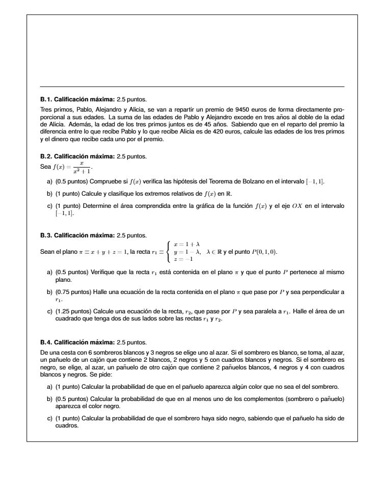 Página 2 del examen de Matemáticas II 2022