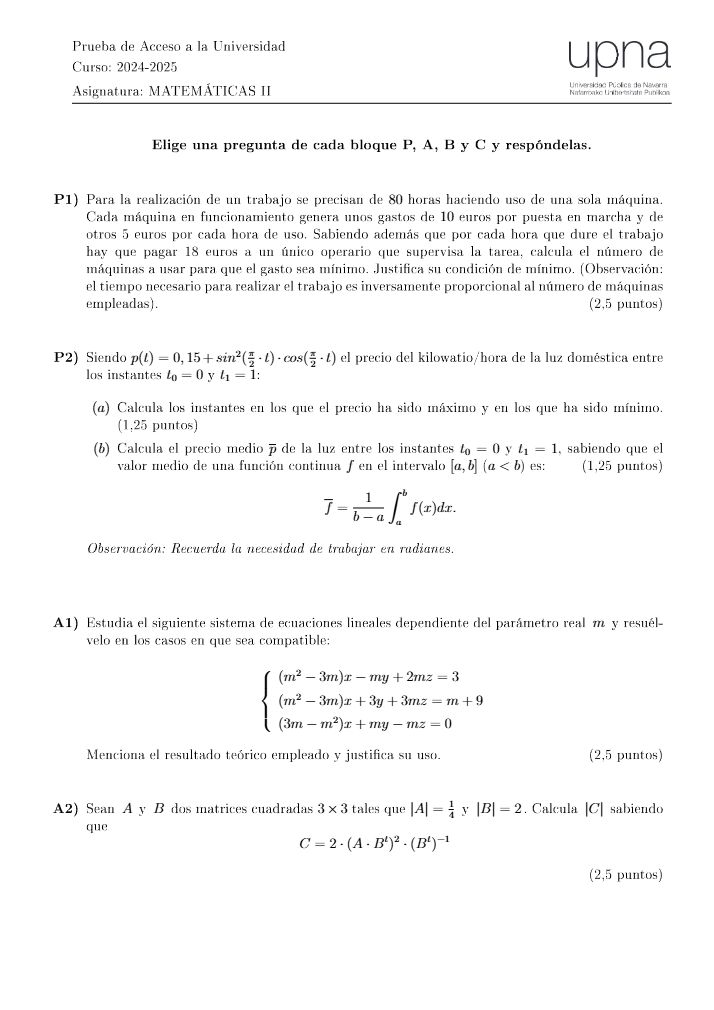 Página 1 del examen de Matemáticas II 2025