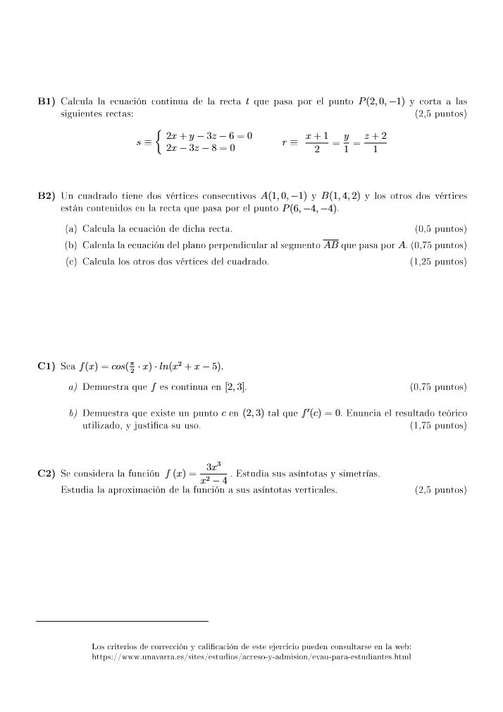 Página 2 del examen de Matemáticas II 2025