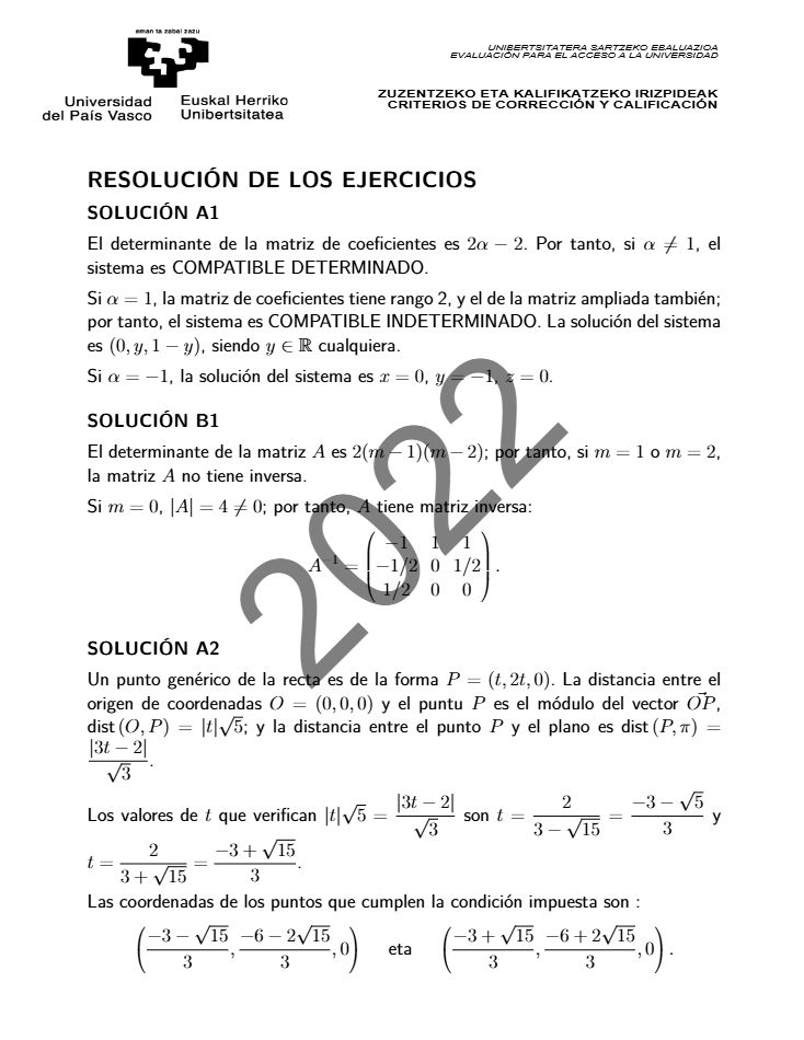 Página 10 del examen de Matemáticas II 2022