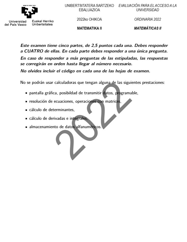 Página 2 del examen de Matemáticas II 2022