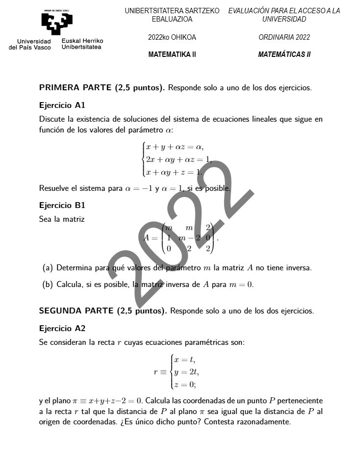 Página 4 del examen de Matemáticas II 2022
